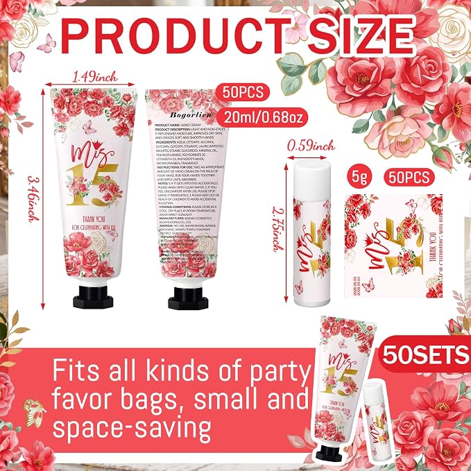 Leelosp 100 Pcs/50 Sets Red Quinceanera Party Favor Gifts for Guests 15th Thank You Gifts Girl Hand Cream and Lip Balm Sweet 15th Birthday Party Favors for Guests