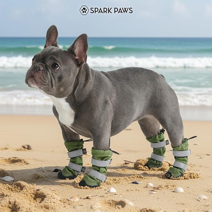 Spark Paws Dog Rainboots, Waterproof Dog Shoes for Medium to Large Dogs, Non Slip, Dog Booties and Paw Protectors - 4PCS Doggie Hiking Boots with Reflective Straps - Green - Size 4
