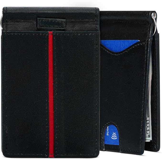 ROGUE WALLET Genuine Leather Minimalist Wallets - RFID Blocking with Money Clip - Interior & Exterior Card Pockets & More - Gift for Men (Red Line)
