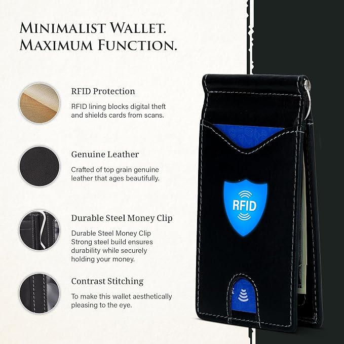 ROGUE WALLET Genuine Leather Minimalist Wallets - RFID Blocking with Money Clip - Interior & Exterior Card Pockets & More - Gift for Men (Black)