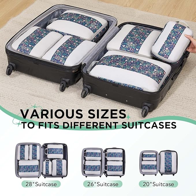 6 Set Compression Packing Cubes for Travel Essentials,Compressible Expandable Packing Cubes for Suitcase,OlarHike Luggage Garment Bags for Travel,Handy Helper for Organizing Clothes(Dark Blue Floral)