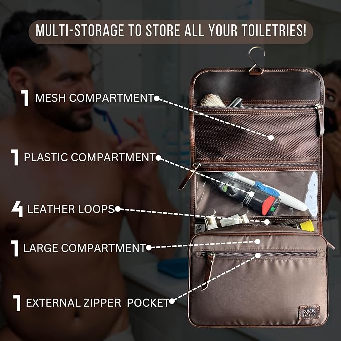 RUSTIC TOWN Leather Hanging Toiletry Bag for Men - Travel Shaving Dopp Kit - Bathroom Shower Toiletries Organizer - Leather Makeup Cosmetic Bag for Women