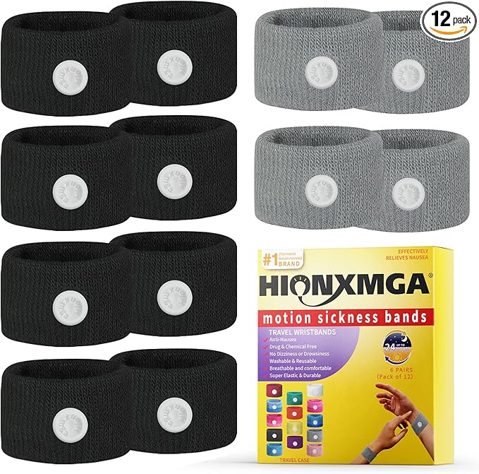 HIONXMGA 6 Pairs Motion Sickness Bands – Natural Anti Nausea Acupressure Wristbands for Morning & Motion Sickness Relief – Ideal for Car, Cruise & Flight Travel – for Adults and Kids
