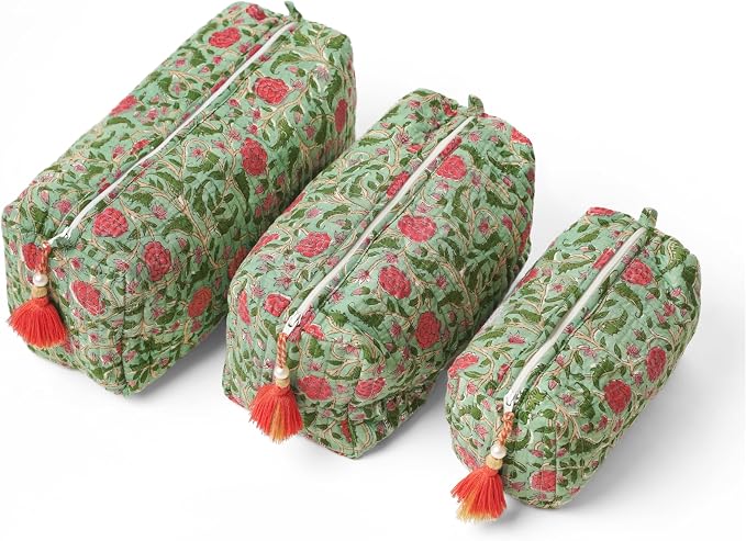 Saffron Marigold Quilted Makeup Bag Set of 3, Hand Block Printed Cotton Cosmetic Bags for Women, Waterproof Lined Travel Toiletry Bag, Coquette Floral Aesthetic, Handmade Gift, Rambling Rose