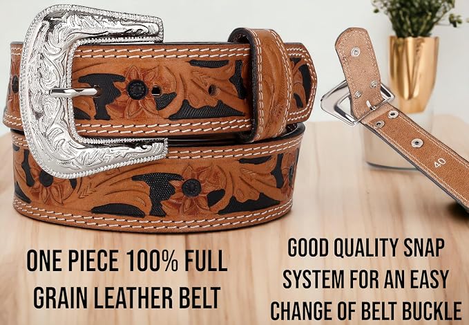 F&L CLASSIC mens Western full grain Leather belt Strap w/Snaps for Interchangeable Buckles, USA,