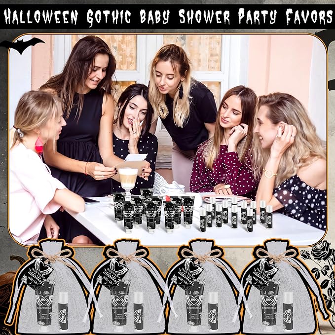 24 Sets Halloween Little Boo Baby Shower Hand Cream Lip Balm Gift Gothic Baby Shower Party Favors Travel Size Hand Lotion Lip Balm with Organza Bag Tag Halloween Party Supplies for Guest Kids
