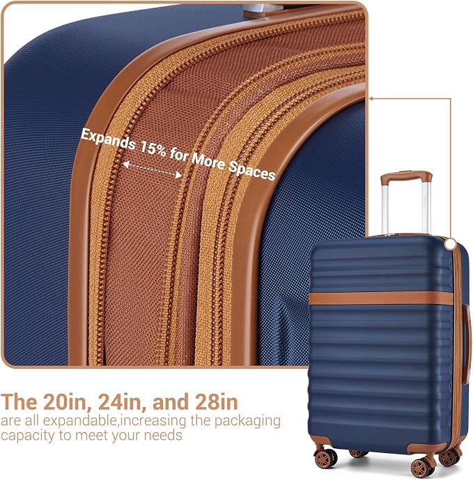 Kono Luggage Set 3 Pieces Expandable PC ABS Durable Suitcase Hardside with Double Spinner Wheels Tsa Lock Navy(20in/24in/28in)