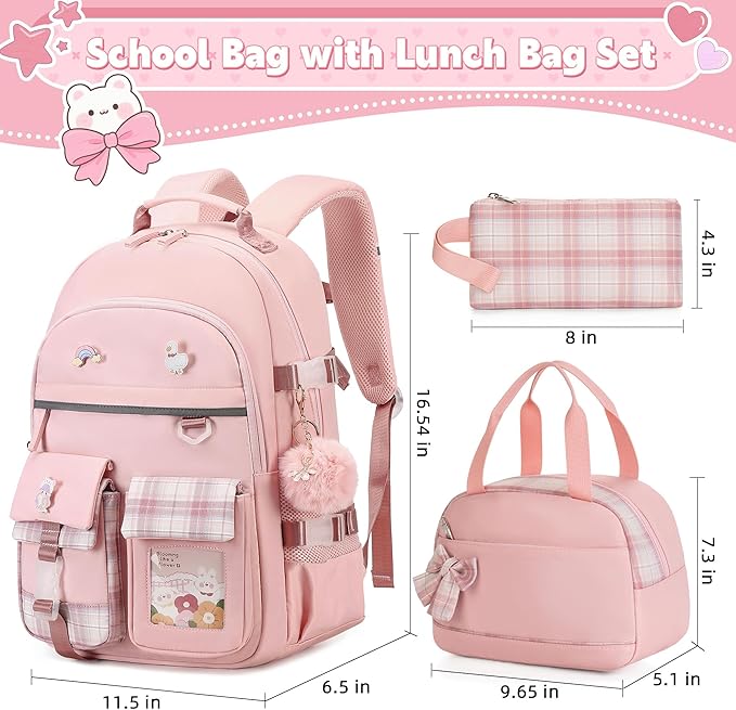 Backpack for Girls 15.6 Inch Laptop School Bag Kids Elementary College 3pcs Backpacks Lunch box Pencil Case Set Bookbags for Girls Teen Women Student Pink