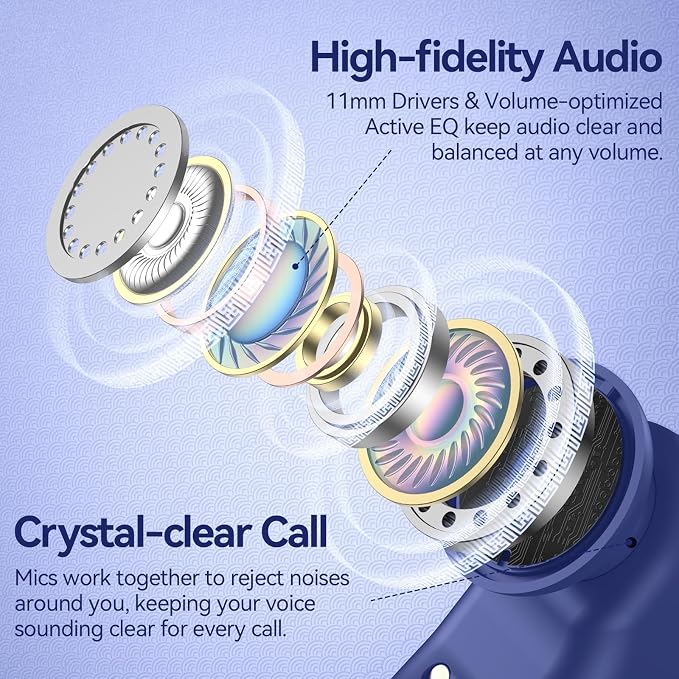 Active Noise Cancelling Ear Buds Wireless Earbuds 80H Playtime Bluetooth Headphones with LED Display Case, Hi-Res Audio Clear Calls Earphones with Over Ear Hooks for Running Gym Workout Travel Blue
