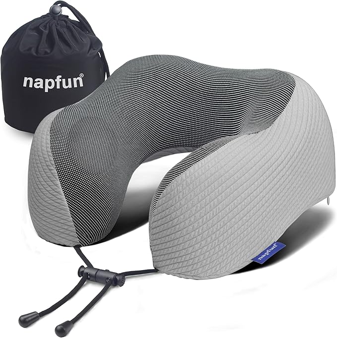 napfun Neck Pillow for Traveling, Upgraded Travel Neck Pillow for Airplane 100% Pure Memory Foam Travel Pillow for Flight Headrest Sleep, Portable Plane Accessories, Mist Gray