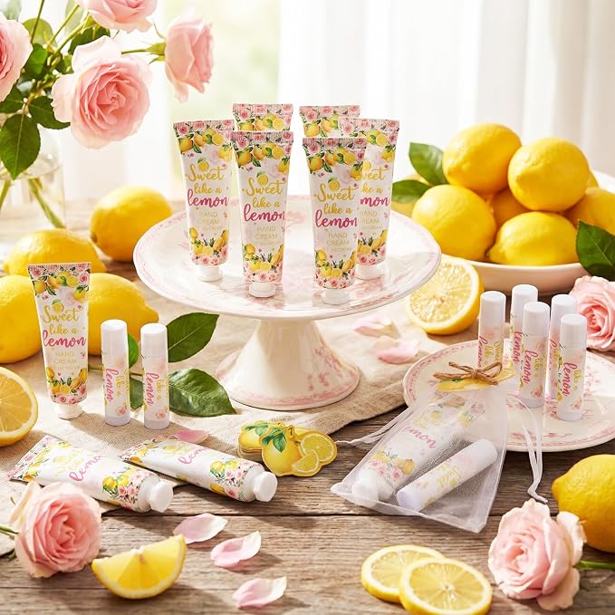 Lounsweer 24 Sets Lemon Baby Shower Hand Cream and Lip Balm Favors for Guests Sweet Like a Lemon Party Gifts with Organza Bags and Cards Travel Size Lotion Set for Bridal Shower Summer Birthday