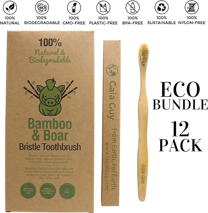 Gaia Guy Natural Bristle Bamboo Toothbrushes and Travel Cases
