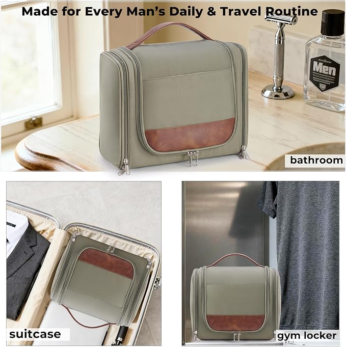 Ralnitote Large Hanging Toiletry Bag for Men, Travel Bathroom Bag with Hook, Hygiene Bag Organizer for Shower, Shaving & Grooming Essentials, Green