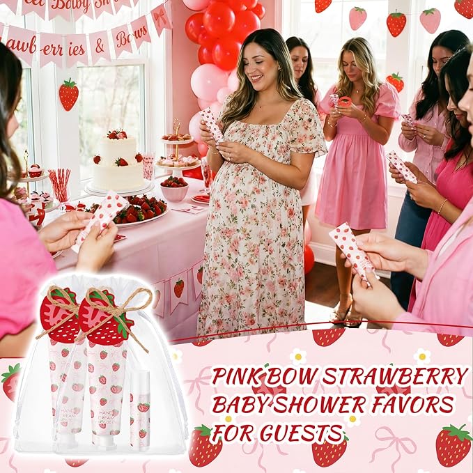 Lounsweer 24 Sets Pink Bow Strawberry Birthday Hand Cream and Lip Balm Gift Strawberry Bows Baby Shower Party Favor for Guest Travel Size Hand Lotion and Lip Balm Bridal Shower Birthday Party Supplies