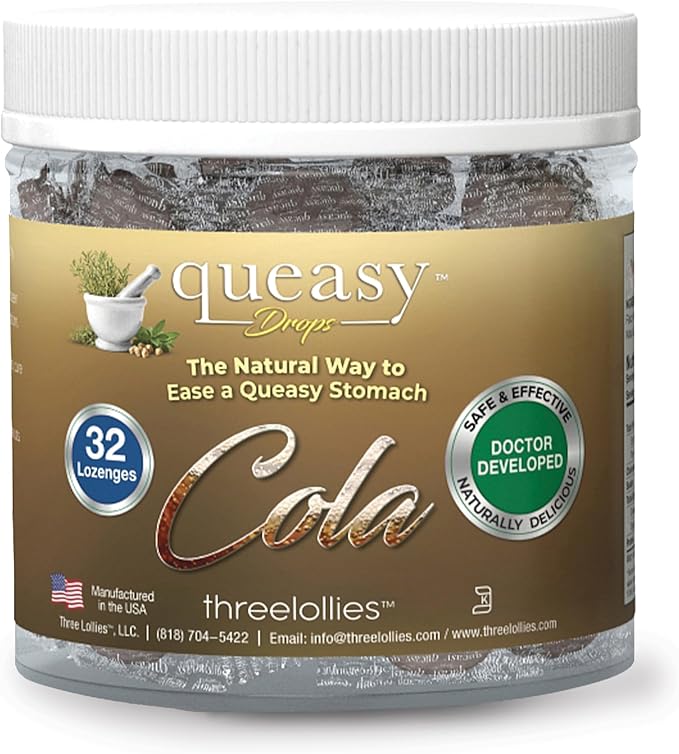 Three Lollies Queasy Drops - Cola Flavor - Relief from Nausea & Travel Sickness, Soothes a Dry Mouth & Settles Stomach - Natural Ingredients - 32 ct
