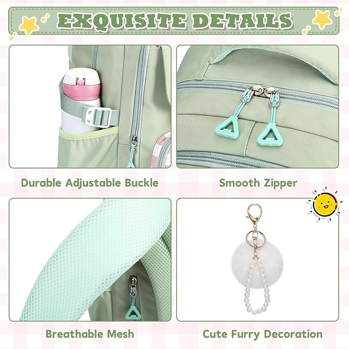 MUSEVOS Girls Backpack, Ideal School Backpack for Girls from Elementary to Teen Years, Kawaii Bookbag Cute Large Capacity, Checkered, Green
