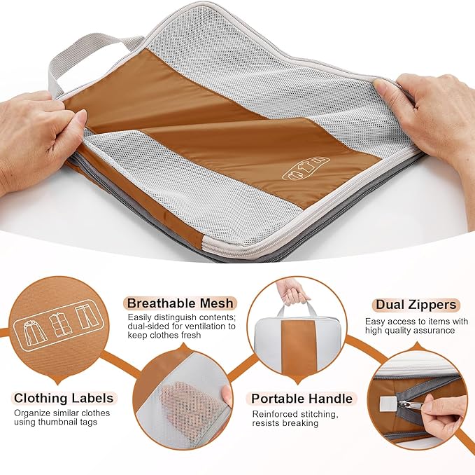 10 Set Compression Packing Cubes for Travel Essentials,Compressible Expandable Packing Cubes for Suitcase,OlarHike Luggage Garment Bags for Travel,Handy Helper for Organizing Clothes(Brown)