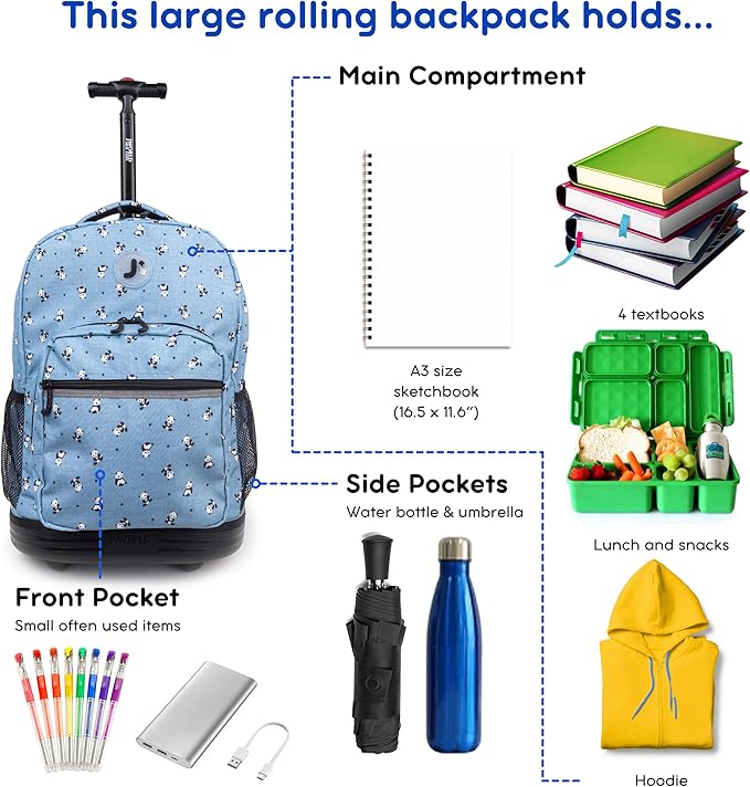 J World Sunrise Kids Rolling Backpack for Girls Boys. Roller Bookbag With Wheels For School, Panda