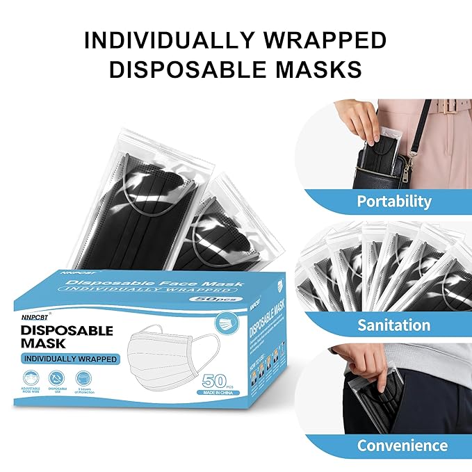 NNPCBT Black Individually Wrapped Masks 50pcs, Disposable Face Masks for Adults, 3 Ply Breathable Face Mask Black Indoor Outdoor