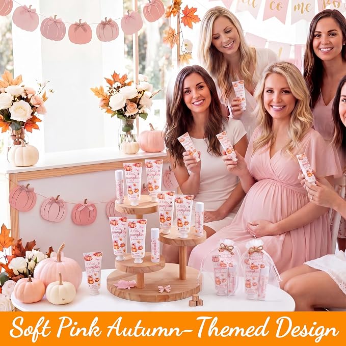 24 Sets Fall Pink Bow Pumpkin Baby Shower Hand Cream Lip Balm Gift Little Pumpkin Baby Shower Party Favors Travel Size Hand Lotion Lip Balm Bulk with Organza Bag Tags Birthday for Guest Kids