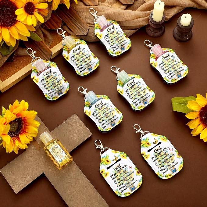 Frienda 24 Pcs Christian Scented Hand Sanitizer with 24 Keychain Holders Gift Set for Women, 1oz Bible Verse Religious Gifts, Mother's Day Appreciation Gifts for Church Favors