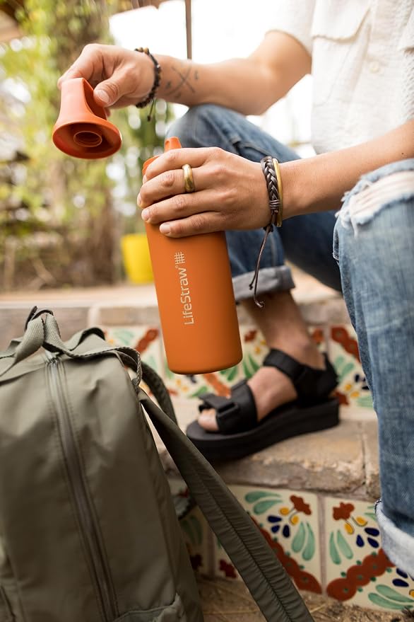 LifeStraw Go Series — Insulated Stainless Steel Water Filter Bottle for Travel and Everyday Use Removes Bacteria, Parasites and Microplastics, Improves Taste, 24 oz, Thistle Purple