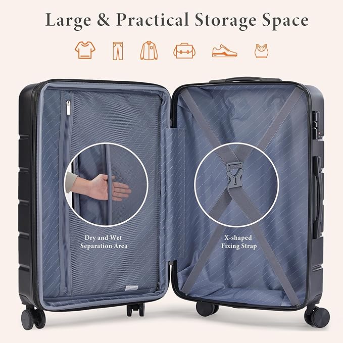 Sweetcrispy 20 Inch Carry On Luggage, Lightweight ABS Rolling Hard Shell Suitcase with Quiet Spinner Wheels, Built-in TSA Lock, Portable Travel Suitcase for Business Trip & Vacation Use, Black