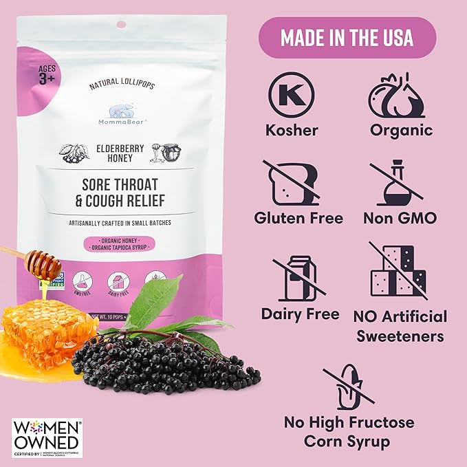 MommaBear Natural Sore Throat Care Lollipops – Elderberry & Honey Kids Cough Lollipops – Organic Sick Essentials Lolli Treats, No Artificial Additives – Tightly Sealed for Freshness (10 Pack)