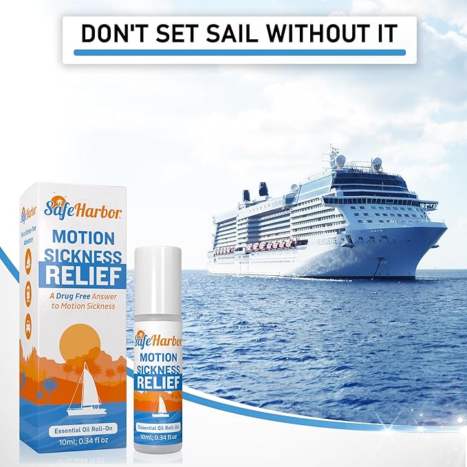 SafeHarbor Motion Sickness Relief Roll-On | Anti Nausea Essential Oil for Sea Sickness, Dizzy & Carsick Relief in Children and Adults, Your Cruise Ship Essential | 100% Natural, Drug Free (10 ml)
