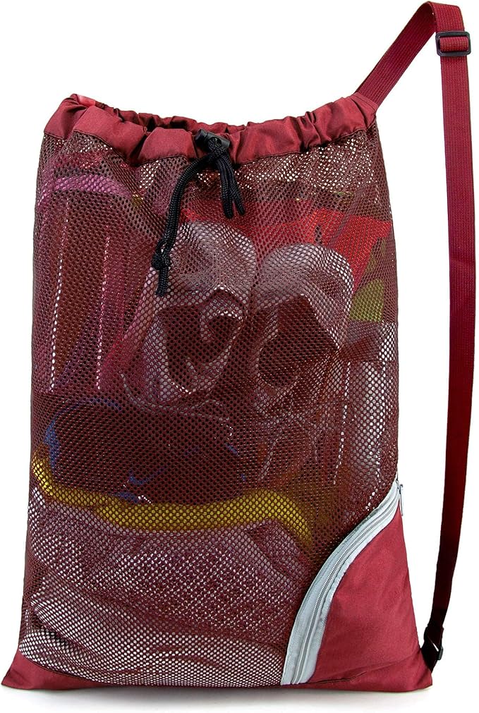 BeeGreen Mesh Drawstring Bag Swim Backpack for Beach Pool Sports Gym Draw String Cinch Bags for Swimming Soccer Basketball Gear Red