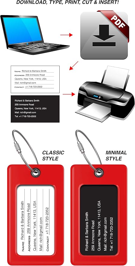 Luggage Tags Business Card Holder by TUFFTAAG - Flexible PVC Travel ID Bag Tag, Red, 2 Pack