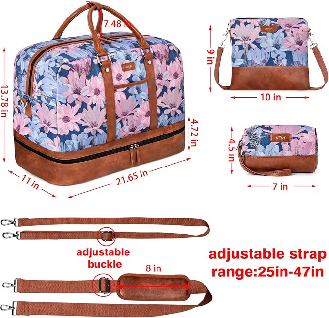 Weekender Bag for Women, Large Overnight Bag Canvas Travel Duffel Bag Carry On Tote with Shoe Compartment 21" 3Pcs Set