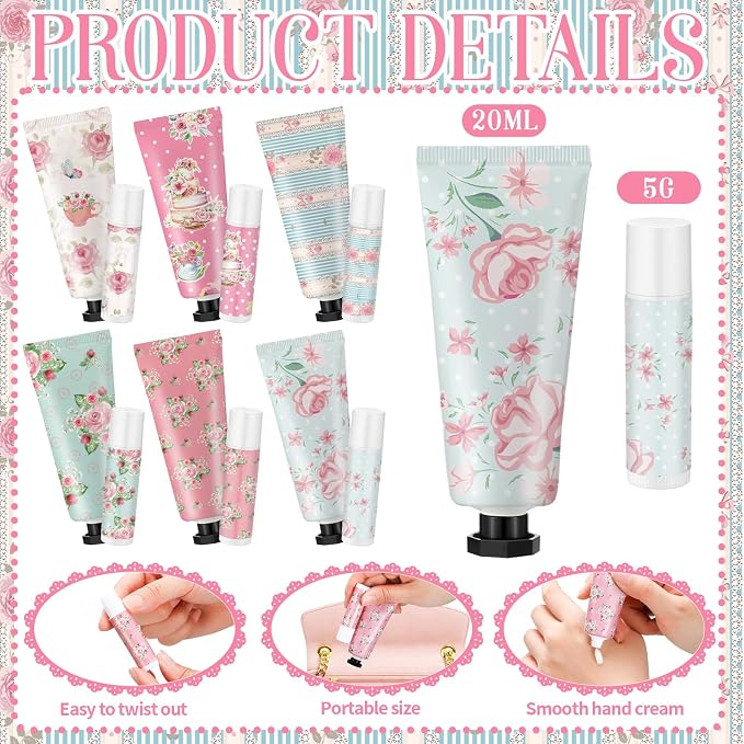 48 Sets Tea Party Favors Mini Hand Cream Lip Balm Bulk Gift Set for Women Wedding Party Favors for Guests Travel Size Hand Lotion Vintage Floral Moisturizing Lip Balm Gifts for Baby Shower