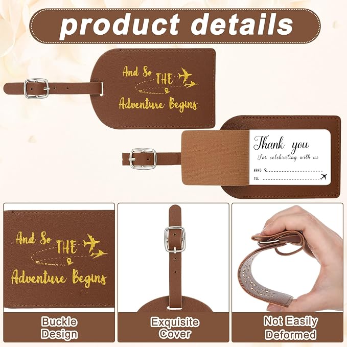 Sweetude 48 Sets Bulk Luggage Tags Wedding Favors and So The Adventure Begins Leather Luggage Tags for Suitcases with Name Card for Travel Themed Bridal Shower Graduation Party Favor(Yellow Brown)