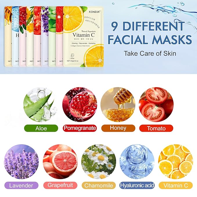 KONEUK 9 Pack Collagen Face Masks Skincare for Women, Hydrating Sheet Face Masks Suitable for All Skin Types, Bulk Facial Masks for Women Skin Care, Face Mask Gifts Set for Spa Party