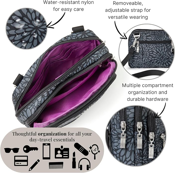 Baggallini Triple Zip Small Crossbody Bag for Women - Lightweight Convertible Fanny Pack Belt Bag