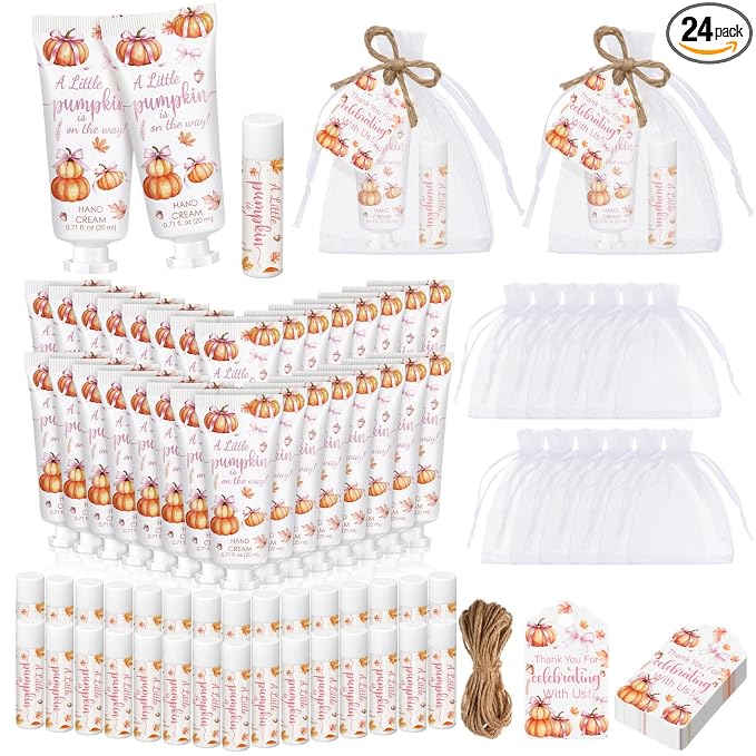 24 Sets Fall Pink Bow Pumpkin Baby Shower Hand Cream Lip Balm Gift Little Pumpkin Baby Shower Party Favors Travel Size Hand Lotion Lip Balm Bulk with Organza Bag Tags Birthday for Guest Kids