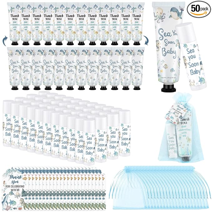 Loopeer 50 Set / 200 Pcs Sea You Soon Baby Shower Favor Bulk Hand Cream Lip Balm Gifts for Guests with Thank Cards Organza Bag Thank You for Celebrating with Us Ocean Animal