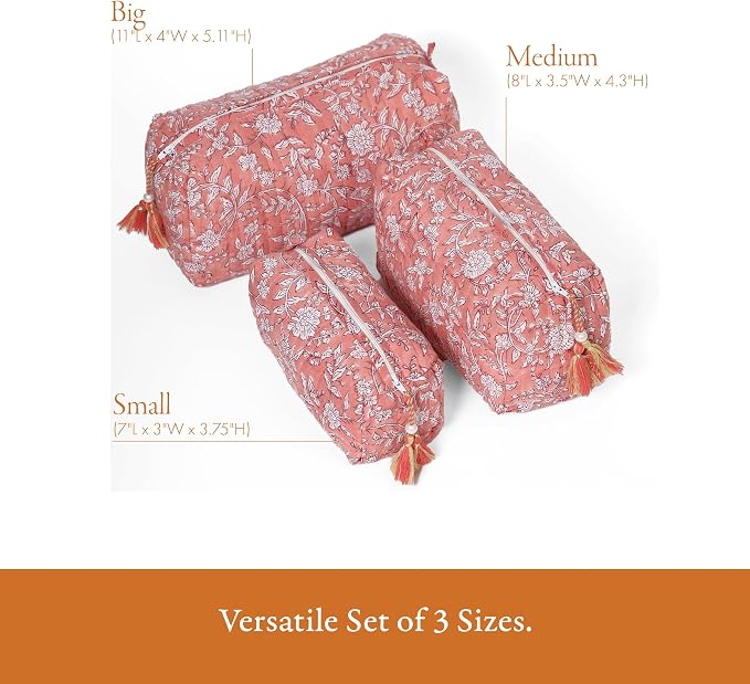 Saffron Marigold Quilted Makeup Bag Set of 3, Hand Block Printed Cotton Cosmetic Bags for Women, Waterproof Lined Travel Toiletry Bag, Coquette Floral Aesthetic, Handmade Gift, Coral Flowers