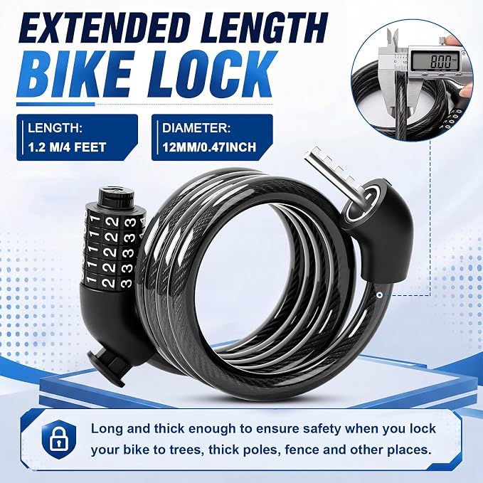10 Pcs Bike Lock Cable with Combination, 4 Feet 1/2 Inch Coiled Preset Bike Lock High Security 5 Digit Bicycle Locks Anti Theft Bikes Accessories Black Bicycle Cable Locks, 5/6 Inch Diameter