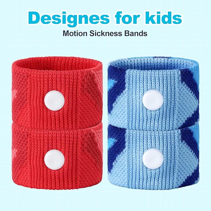 Motion Sickness Bands for Kids Cruise Travel Essentials Anti-Nausea Acupressure Wristband for Car Sea Sickness Wristbands for Kids-2 Pairs Camo Blue&Red