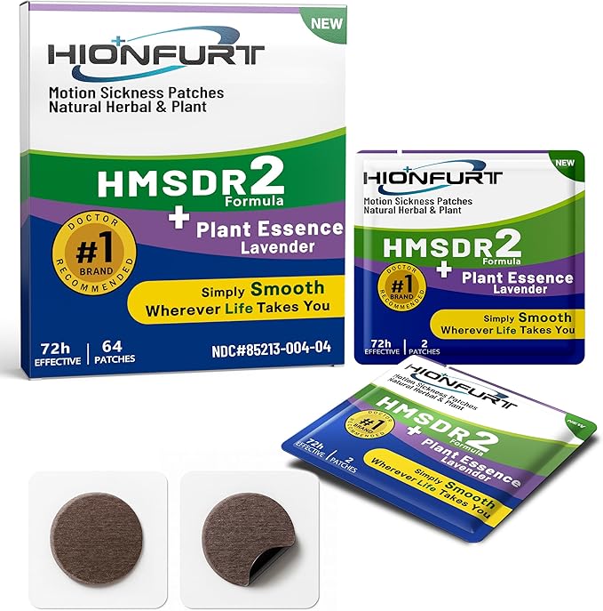 Hionfurt HMSDR2 64ct Motion Sickness Patches with Plant Essence – Lavender – Sea Sickness Patches for Cruise, Car, Airplane – Non-Drowsy, 72H Lasting