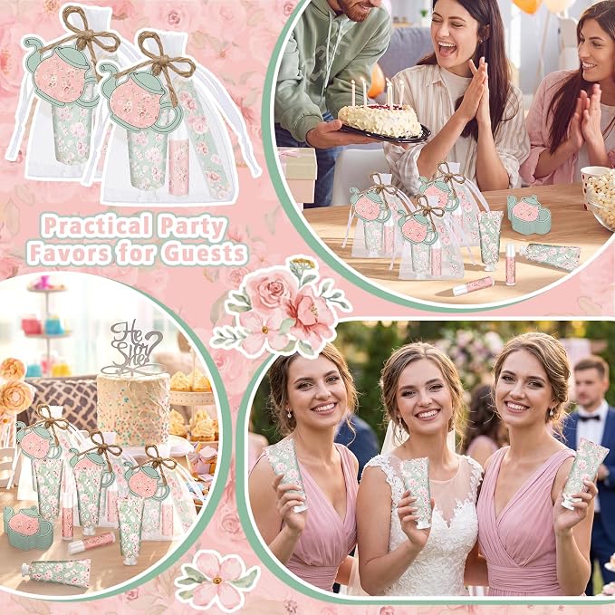 Leelosp 24 Sets Tea Party Hand Cream and Lip Balm Gift for Women Bulk Pink Floral Travel Size Hand Lotion Lip Balm Nail File Gifts Set Bridal Shower Wedding Party Supplies for Guests