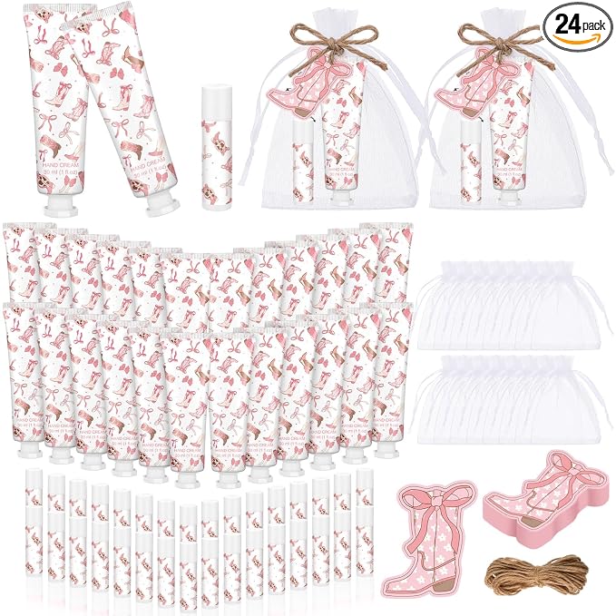 24 Sets Coquette Cowgirl Hand Cream and Lip Balm Cowgirl Party Gifts Bow and Boot Baby Shower Favors for Guest Bow and Boots Travel Size Hand Lotion and Lip Balm Bulk Birthday Party Supplies