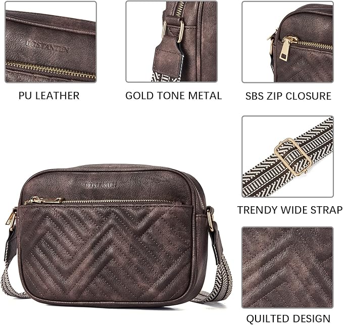 BOSTANTEN Quilted Crossbody Bags for Women Vegan Leather Purses Shoulder Handbags with Wide Strap
