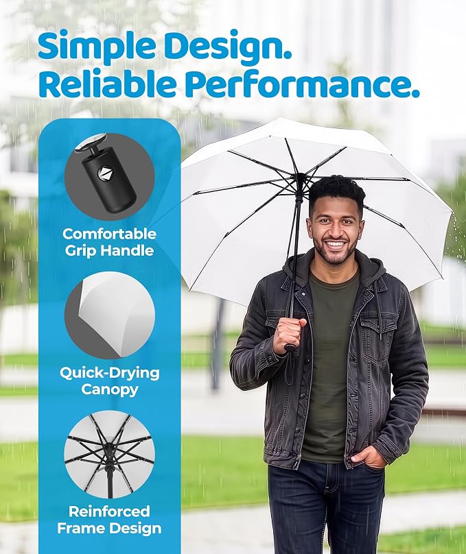 Rain-Mate Windproof Compact Umbrellas for Rain - Strong Reinforced Fiberglass Rib Design & Auto Open & Close - Portable Folding Travel Umbrella - Lightweight & Packable for Women & Men, Easy Collapse