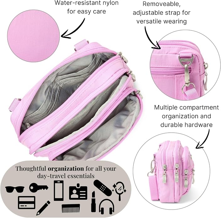 Baggallini Triple Zip Small Crossbody Bag for Women - Lightweight Convertible Fanny Pack Belt Bag
