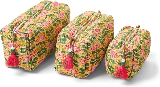 Saffron Marigold Quilted Makeup Bag Set of 3, Hand Block Printed Cotton Cosmetic Bags for Women, Waterproof Lined Travel Toiletry Bag, Coquette Aesthetic, Handmade Gift, Madagascar Prewinkle Butter