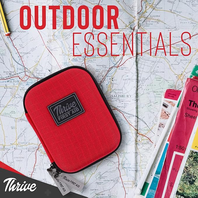 Thrive Mini First Aid Kit - Compact Travel Essentials Pack - Waterproof Camping Essentials Set - Portable Car First Aid Kit & Hiking Supplies Pouch - 66-Piece Set, Red Shell Case