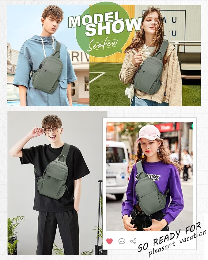 SEAFEW Green Sling Crossbody Backpack Shoulder Bag for Men Women - Small One Strap Sling Bag Fanny Pack Daypack, Waterproof Nylon Chest Bag for Motorcycle Hiking Travel Gym Sport